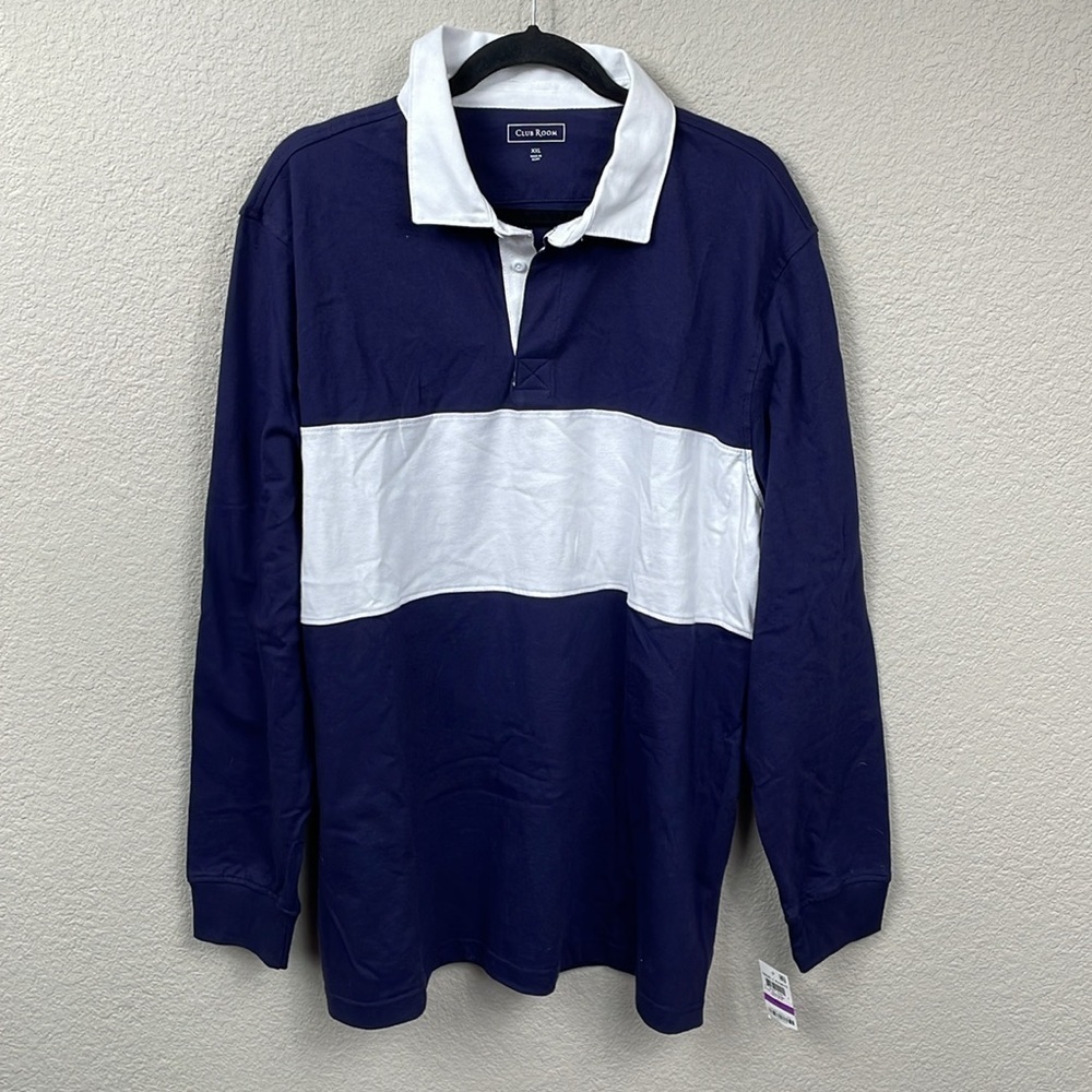 NWT Club Room Colorblock Rugby Polo Shirt Long Sleeve Navy Blue White Sz XXL - Picture 2 of 10